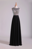 Scoop Prom Dresses A-Line Beaded Tulle Bodice Pick Up Long Chiffon