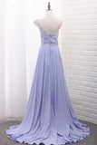 One Shoulder A Line Satin Prom Dresses With Handmade Flowers And