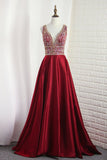 V Neck Satin Prom Dresses A Line With Beading Open Back Sweep