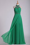 High Neck Prom Dresses Beaded And Ruched Chiffon Sweep Train