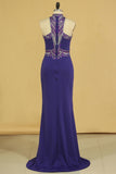Spandex High Neck Sweep Train Prom Dresses With Beading And