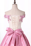 New Arrival Prom Dresses Off The Shoulder Satin With Appliques And Handmade
