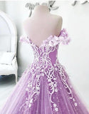 Ball Gown Off the Shoulder V Neck Tulle Lavender Beads Prom Dresses, Quinceanera Dresses STA15562