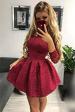 Cute Off the Shoulder Long Sleeves Burgundy Lace Homecoming Dresses Sweet 16 Dresses STA14972