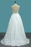 A Line Lace Wedding Dresses Spaghetti Straps With Beads Sweep