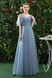 A Line V Neck Tulle Blue Cheap Prom Dress, Long Floor Length Bridesmaid Dresses STA15044