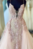 Spaghetti Straps Deep V Neck Tulle Prom Dress With Lace Appliques Bridal STAP2GZX4N7