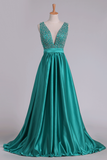 Sweep Train A Line Prom Dresses V Neck Satin With