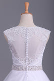 White Scoop Wedding Dresses A-Line Court Train With Beads &