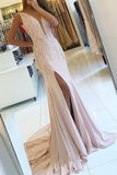 V-Neck Mermaid Chiffon Prom Dresses With Beads And Slit Open