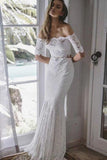 2 Pieces Ivory Lace Mermaid Off the Shoulder Wedding Dresses, Beach Wedding Gowns STA14986