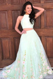 Newest 2 Pieces Long Flowy Sage Prom Dresses For
