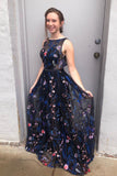 Gorgeous A Line Bateau Blue Floral Tulle Long Prom Dresses, Cheap Formal Dresses STA15234