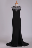 Spandex Scoop With Beads And Slit Open Back Sheath Prom Dresses Sweep