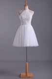 White Halter Homecoming Dresses A-Line Tulle Short/Mini Beaded