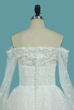 Boat Neck Tulle Wedding Dresses A Line With Applique And Beads Chapel