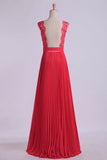 V Neck Prom Dress Appliqued Bodice Ruched Waistband Flowing Chiffon Skirt