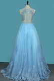 A Line V Neck Prom Dresses Tulle With Applique And Beads Sweep