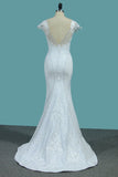 Wedding Dresses Spandex Bateau Cap Sleeve With Applique And Beads Court