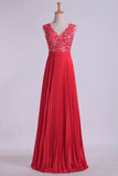V Neck Prom Dress Appliqued Bodice Ruched Waistband Flowing Chiffon Skirt