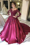 Ball Gown Long Sleeves Burgundy Satin Beads Prom Dresses with Appliques, Quinceanera Dress STA15498