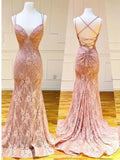 Mermaid Spaghetti Straps Pink Lace V Neck Beads Prom Dresses with STA20426