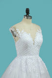 A Line Tulle Wedding Dresses Scoop Cap Sleeves With Applique Court
