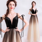 Spaghetti Straps Black Deep V Neck Formal Dress, Floor Length Tulle Ombre Prom Dresses STA15409