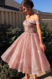 Elegant Off the Shoulder Pink Sequins Sweetheart Short Prom Dresses, Bridesmaid Dresses STA15189