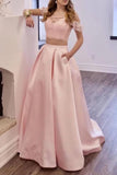 Two Piece Off the Shoulder Blush Pink Prom Dresses with Pockets, Long Lace Prom Gowns STA15445