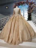 Long Sleeve Ball Gown Beads Lace Appliques Prom Dresses Sequins Quinceanera Dresses STA15241