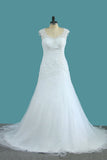 V Neck Tulle A Line Wedding Dresses With Applique And