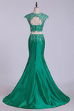 Two Pieces Bateau Prom Dresses Mermaid Sweep Train With Beading &