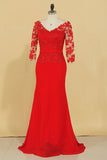 Red V Neck 3/4 Length Sleeve Mother Of The Bride Dresses Chiffon With