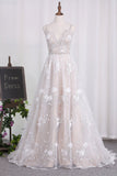 Spaghetti Straps A Line Lace Wedding Dresses With Sash And