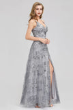 V Neck A Line Spaghetti Straps Sliver Sequins Prom Dresses Party Dresses STA15470