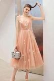 Cute Tea Length A Line Pink Short Prom Dress Sweet 16 Dresses with Hand Made Flower STA15138