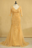 Plus Size Half Sleeves V Neck Mother Of The Bride Dresses Mermaid Tulle With Applique Sweep Train Color Gold