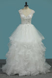 A Line V Neck Wedding Dresses Tulle With Applique Sweep