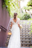 V Neck Wedding Dresses A Line Lace With Sash And Beads Sweep