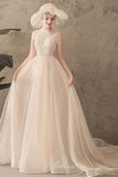 Ivory Jewel Sleeveless Tulle Wedding Dress With Lace A Line Pleats Open Back Bridal