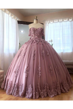 Ball Gown Off The Shoulder Tulle Quinceanera Dress With Lace Appliques Puffy Prom