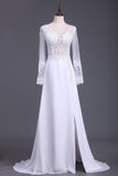 See-Through Prom Dresses V Neck Long Sleeves Chiffon With Applique And
