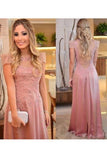 Chiffon Scoop Short Sleeves Prom Dresses Sweep Train With