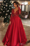 Elegant Long Sleeve Red Lace Beads Long Prom Dresses, A Line Satin Evening Dresses STA15174