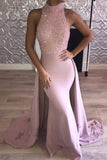 High Neck Satin Mermaid Prom Dresses With Beading Sweep