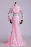 Two-Pieces Prom Dresses Long Sleeves Scoop Trumpet Lace Court