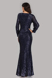 Long Split Sleeve Mermaid V Neck Dark Navy Blue Sequins Prom Dresses, Formal Dress STA15256