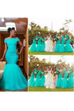Boat Neck Mermaid Bridesmaid Dresses Tulle & Lace Sweep
