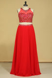Red Scoop Two Pieces A Line Prom Dresses Beaded Bodice Open Back Chiffon &